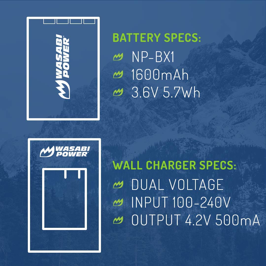 Wasabi Power NP-BX1 Battery (2-Pack) and Charger for Sony NP-BX1/M8, Cyber-Shot DSC-HX80, HX90V, HX95, HX99, HX350, RX1, RX1R II, RX100