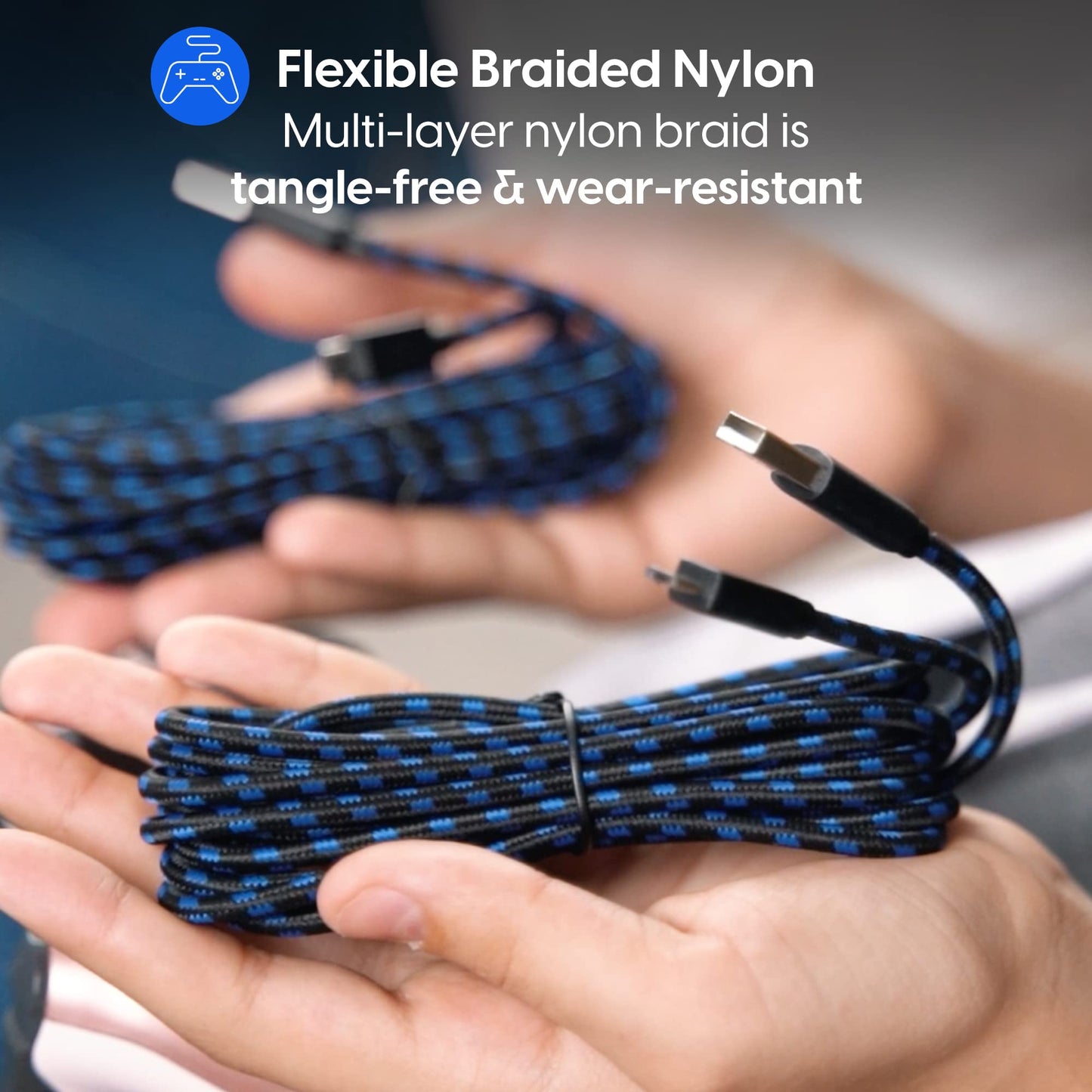 TalkWorks Micro USB Controller Charger Cable for PlayStation 4-6-Foot Long Braided Heavy-Duty Fast Charger Cord for PS4, Blue-Black (3 Pack)