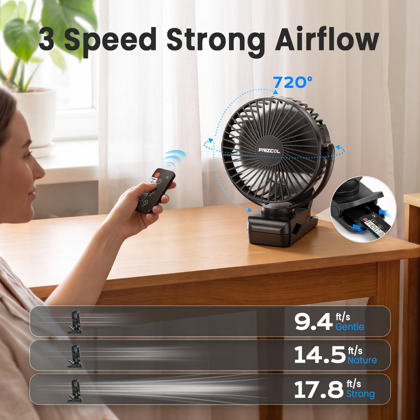 Camping Fan, 12000mAh Clip on Fans with LED Lights/ Remote/ Hooks/3 Levels