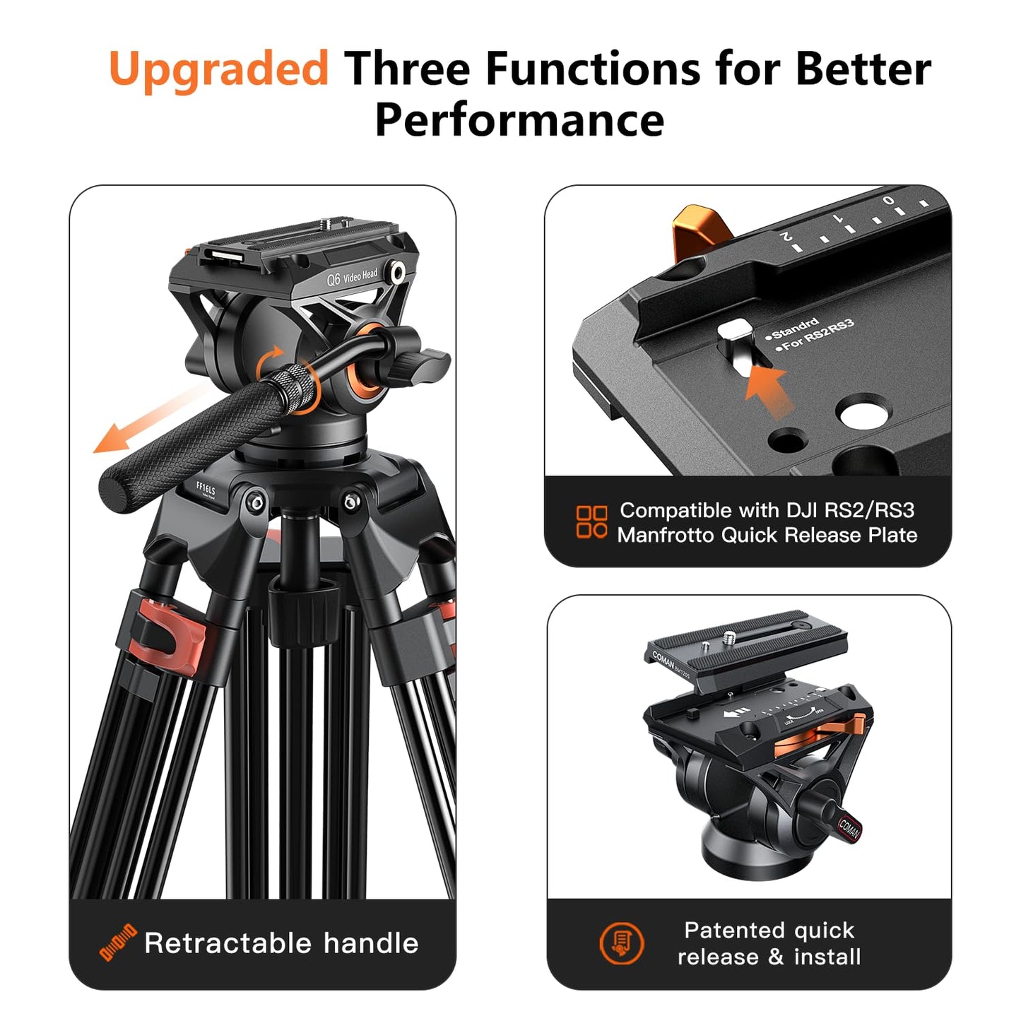 COMAN 74" Camera Tripod, Heavy Duty Video Tripod for Camera with Fluid Head and Aluminium Alloy Max Load 22.04 lbs/ 10KG for Canon Nikon DSLR