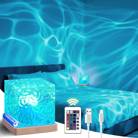 HESUSLA Ocean Wave Lights Projector Rechargeable, Touch Cube Color Changing Light with 16 Colors 4 Modes Dimmable Cordless Mood Lamp for Shower