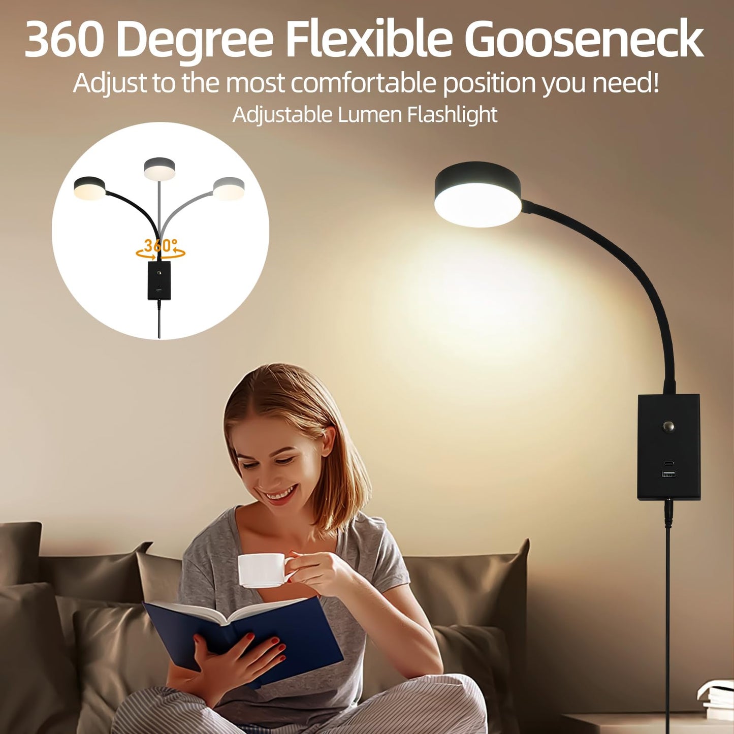 NOVCAND LED Wall Mounted Reading Light for Bed 2Pack, Flexible Gooseneck Book Light for Wall Bedside Lamp with USB-A/C Output,Touch Control 5 Dimmable