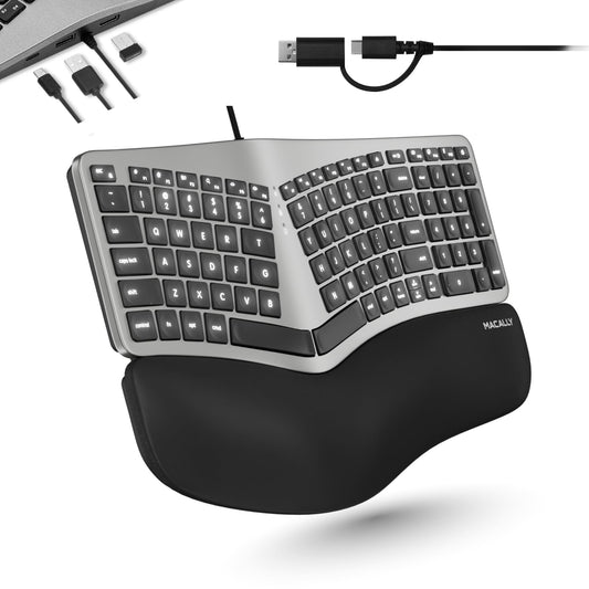 Macally Wired Ergonomic Keyboard for Mac - USB Hub, Backlit Keys, Dual USB C + A Plug, Split Design, Padded Wrist Cushion - Compatible Apple Keyboard