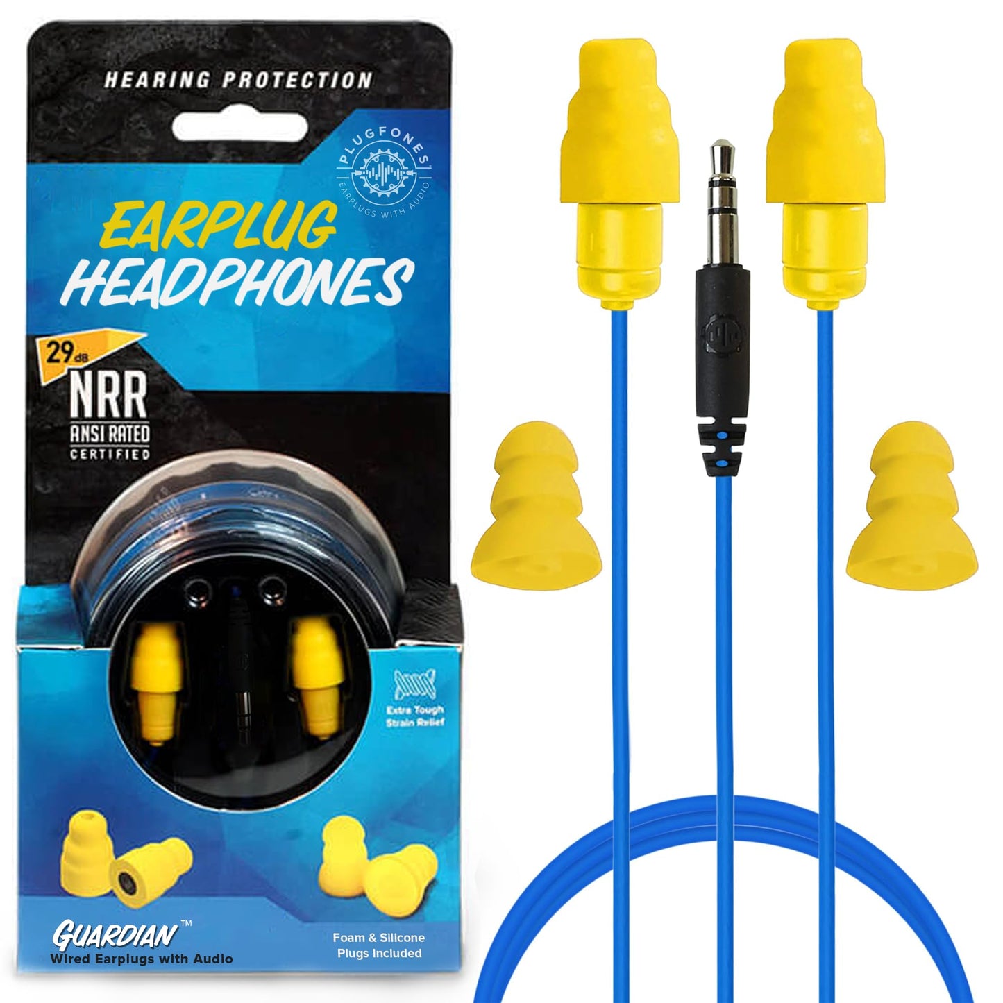 Plugfones Guardian Earplug Headphones - OSHA Approved Noise Isolating in-Ear Earbuds with Hearing Protection - Wired Hybrid for Work and Travel
