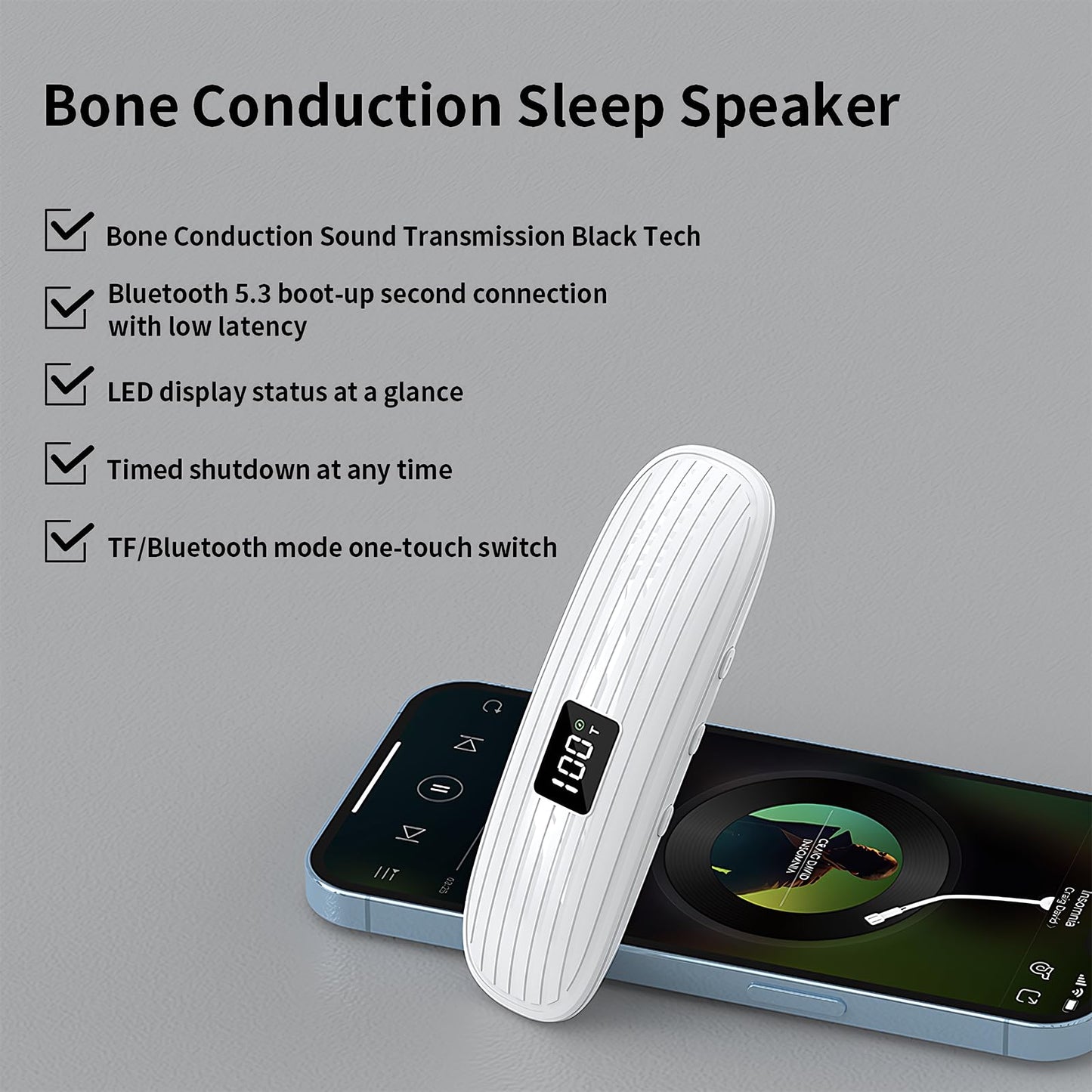 ByteWave Bone Conduction Pillow Speaker, Bluetooth 5.3 Under Pillow Speaker for Sleeping with LED Display, TF Card & Auto-Off, Ultra-Thin Wireless Bed