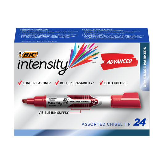 BIC Intensity Advanced Colorful Dry Erase Markers, Chisel Tip, 24-Count Pack of Assorted Colors, Whiteboard Markers for Teachers and Office Supplies
