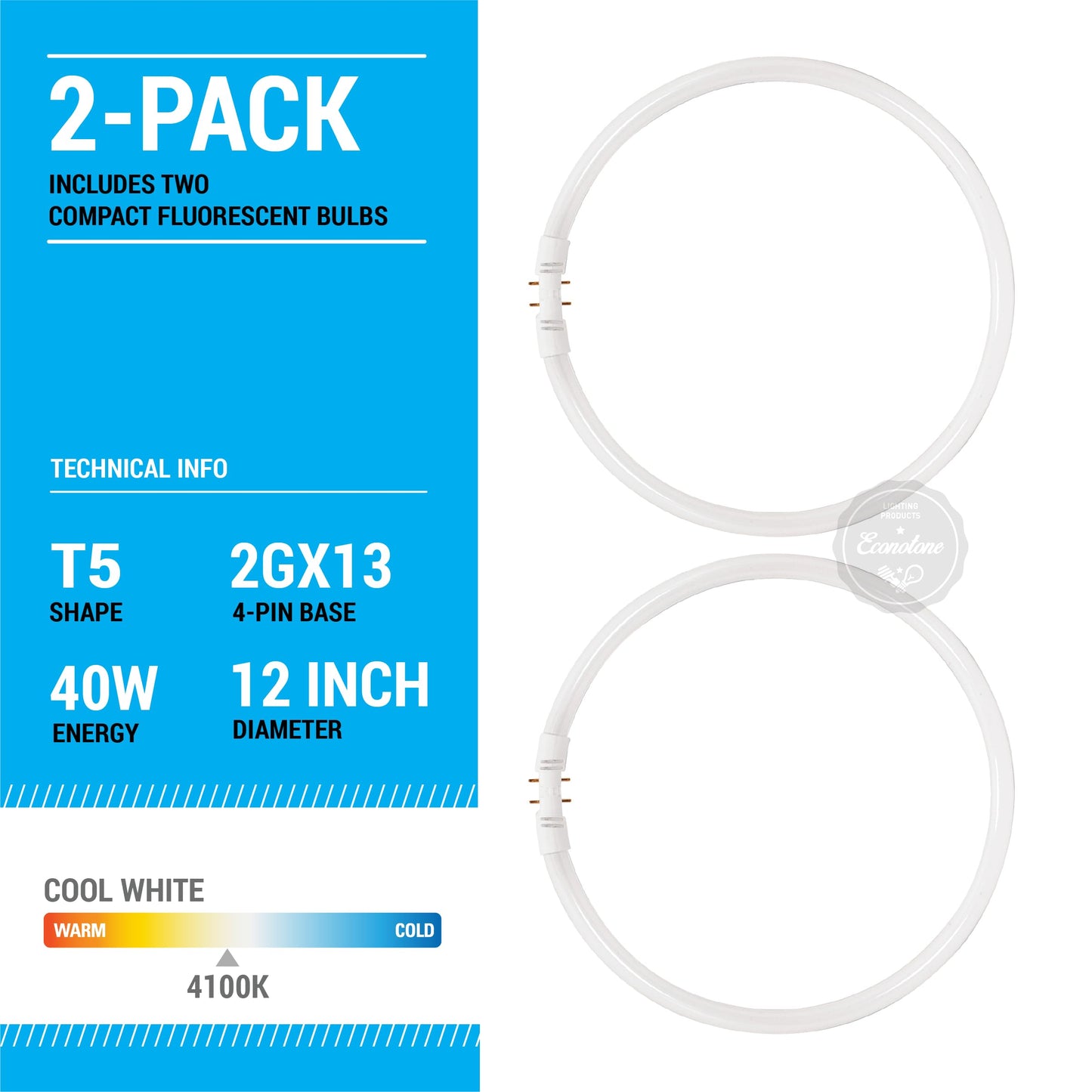 KOR FC40T5/841 T5 Circline Fluorescent Bulbs, 40W, 4100K Cool White, 2-Pack