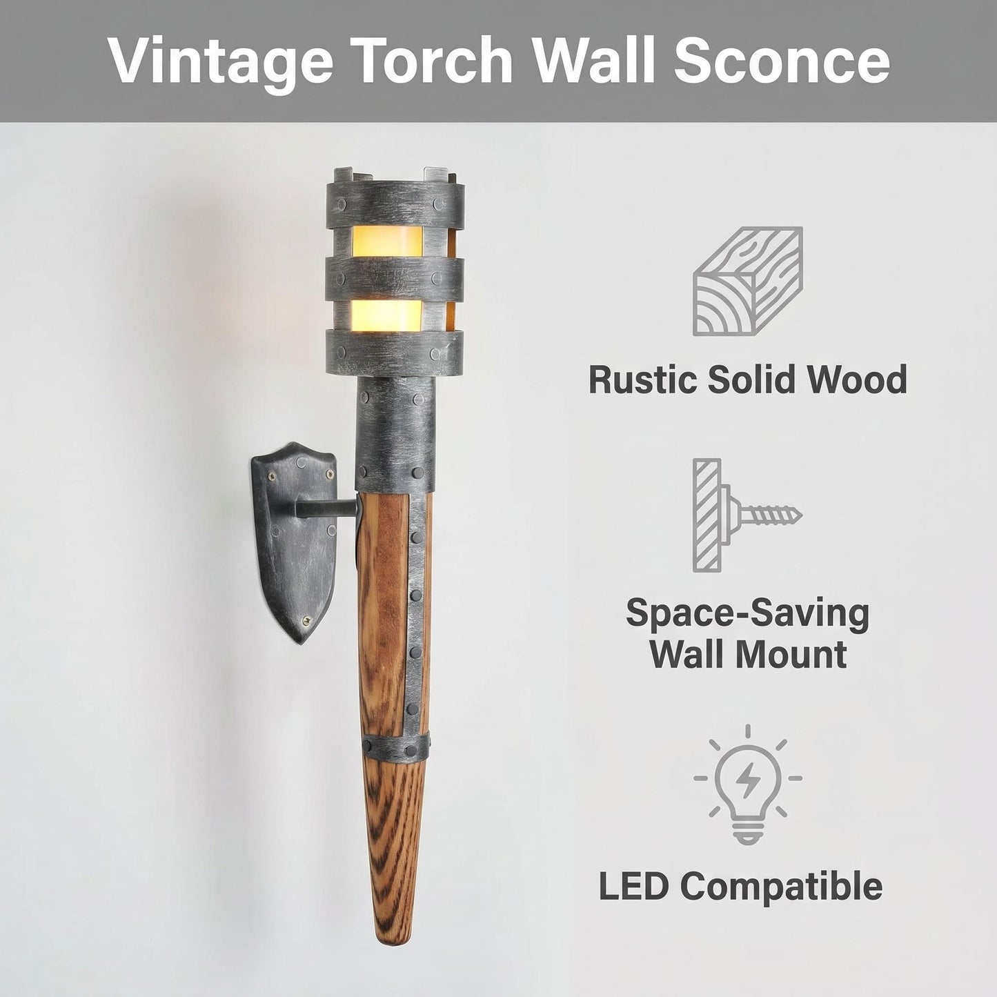 Medieval Torch Wall Sconce, Metal Torch Lamps with Wood Handles, Medieval Torch Light, Hand-Forged Wooden Handle Wall Lamps with E26 Light Bulb