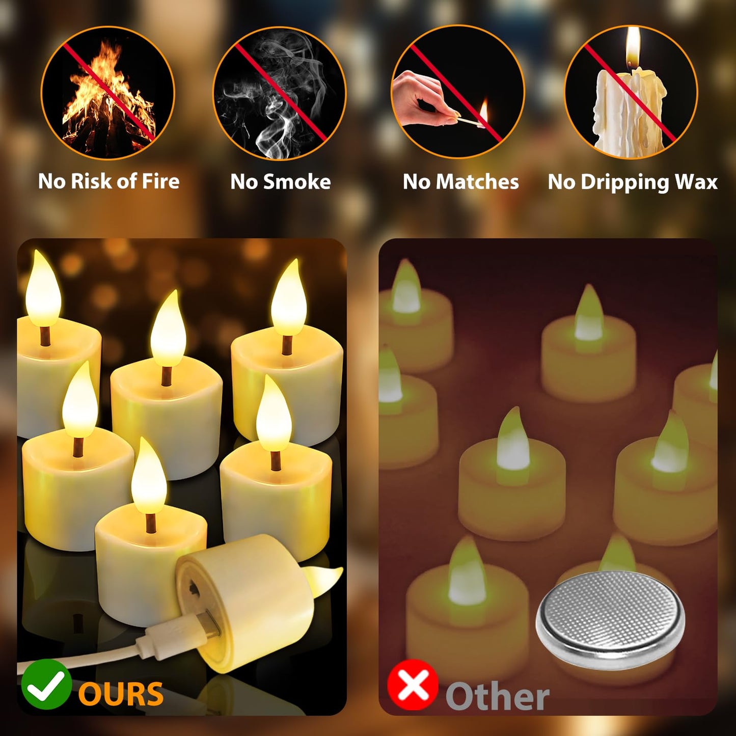 JNOEC Rechargeable Flickering Flameless Tea Lights, 16 Pcs Fake Electric Remote Control Candles with Timer, Safe & Realistic Flame Effect LED Candles