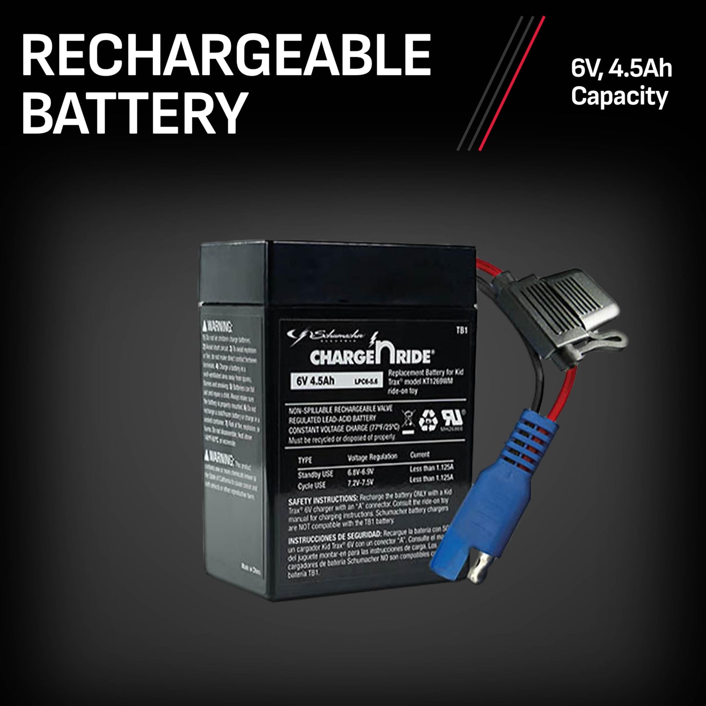 Schumacher Electric 6V Battery for Ride On Toys - 4.5 AH - with Replaceable Fuse - 6 Volt Rechargeable Battery for Kid Trax KT1269WM & Other Vehicles…