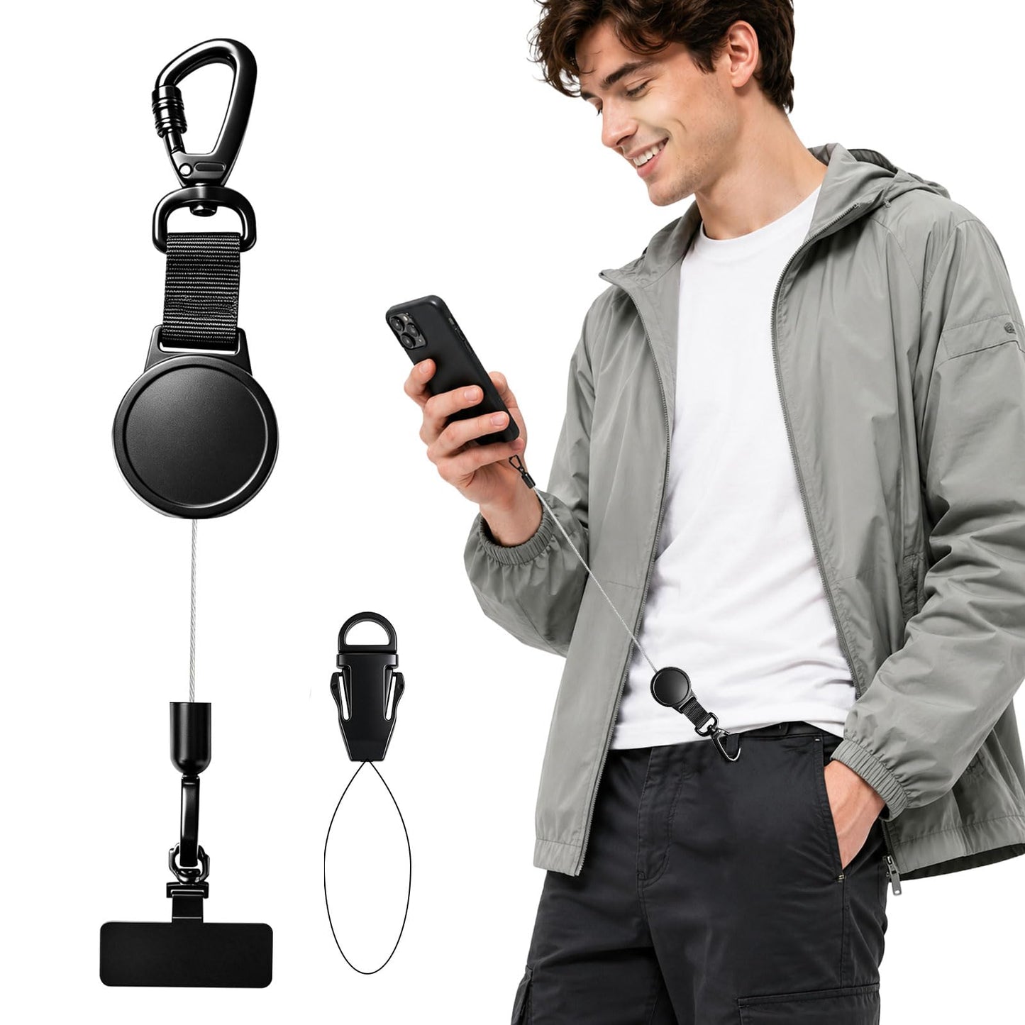 Rosmas Retractable Anti?Loss Phone Tether with Locking Metal Clip, Heavy Duty Steel Cable, Secure Phone Lanyard,Metal 360° Tether Tab for Daily Carry
