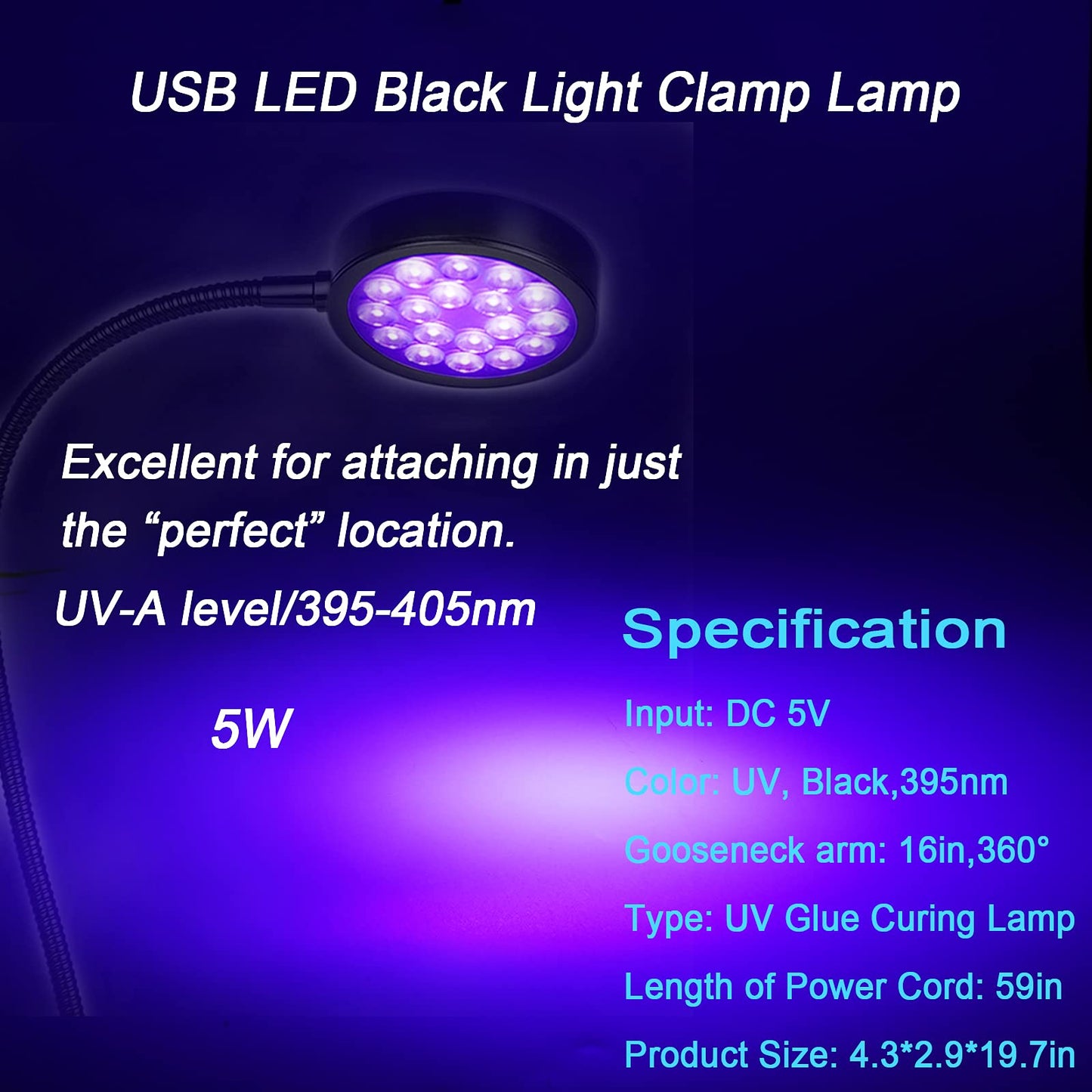UV LED Black Light Clamp Light with USB, Upgraded 5W 395nm Portable Gooseneck Lamp with Clip for Gel Nail, Pet Urine Detection, UV Glue Curing
