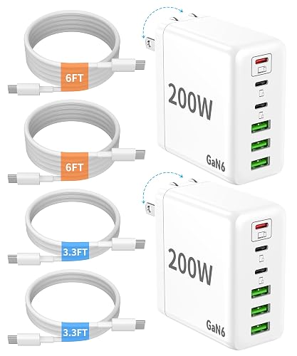 2 Pack USB C Charger Block, 200W GaN Super Fast Charger Type C iPhone 17 16 Fast Charging 6 Port Foldable PD Charging Station for All iPhone/Android