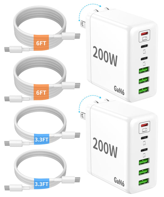 2 Pack USB C Charger Block, 200W GaN Super Fast Charger Type C iPhone 17 16 Fast Charging 6 Port Foldable PD Charging Station for All iPhone/Android