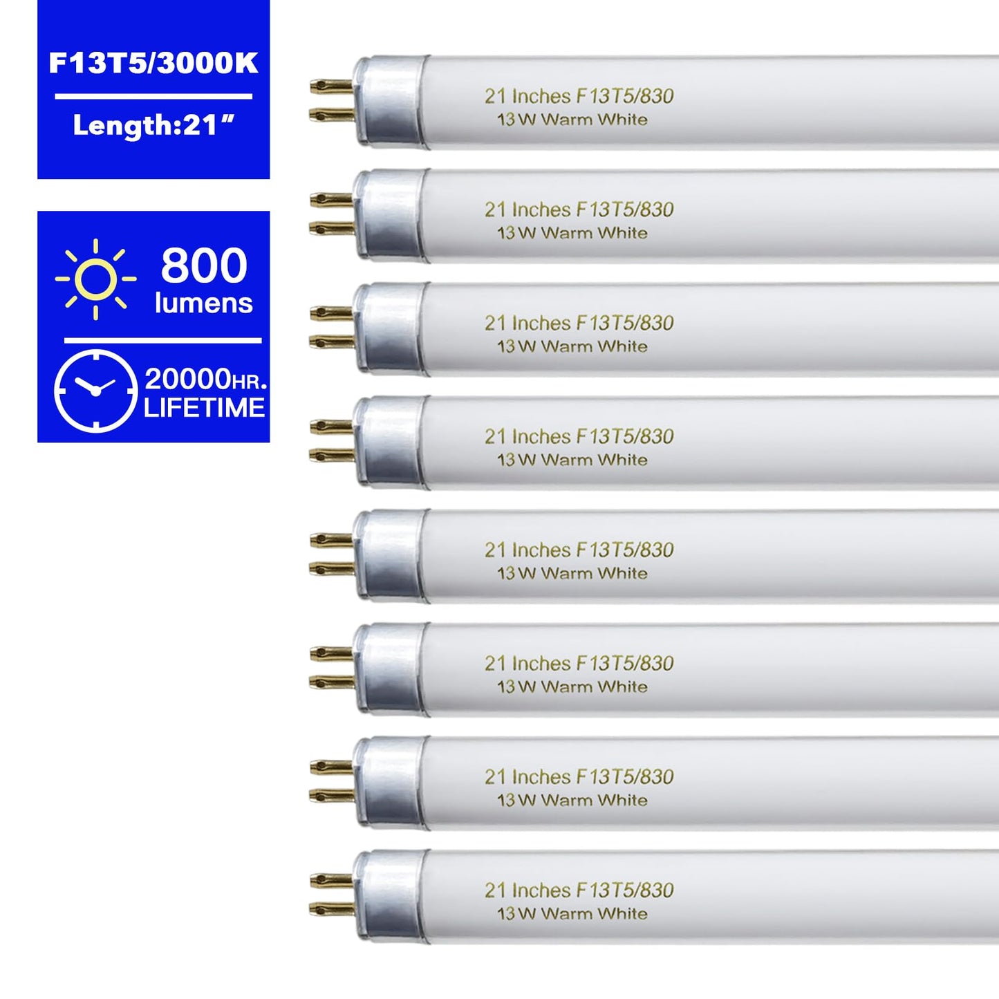 8 Pack 21 Inch T5 Fluorescent Light Bulb 13 Watt F13T5/WW Compatible with Sylvania Satco Philips GE Under Cabinet Tube Light Warm White 800 Lumen G5