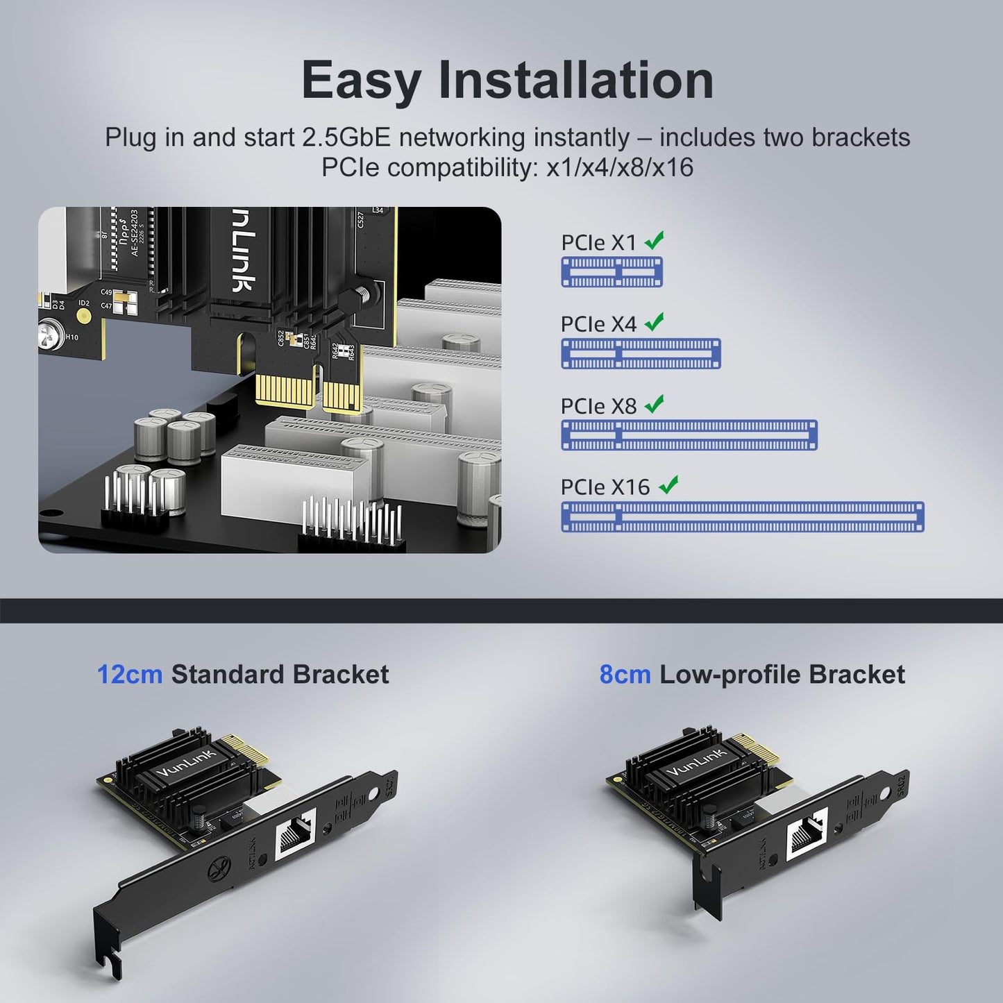 2.5Gb PCIe Network Card, VunLink Multi-Gigabit 2.5G Ethernet Card, Realtek RTL8125B LAN Adapter, 2.5Gbps/1Gbps/100Mbps NIC Card for Desktop PCs