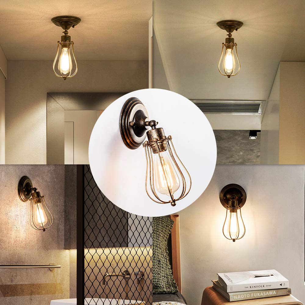 LULING Industrial Wall Sconce Vintage Lighting Adjustable Lamp Socket Wire Metal Cage Wall Light Shade Edison Style Antique Fixture Porch Mirror (No