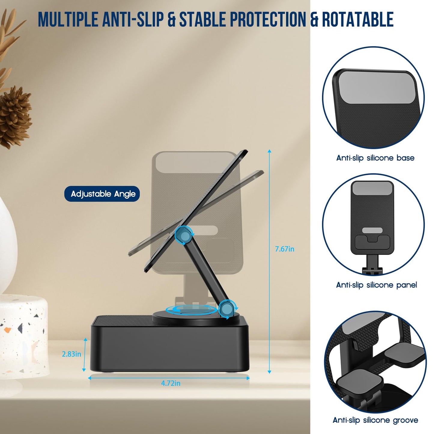 Cell Phone Stand with Wireless Bluetooth Speaker, LED, Anti-Slip Base HD Surround Sound,Perfect for Home/Outdoor with Bluetooth Speaker for Desk