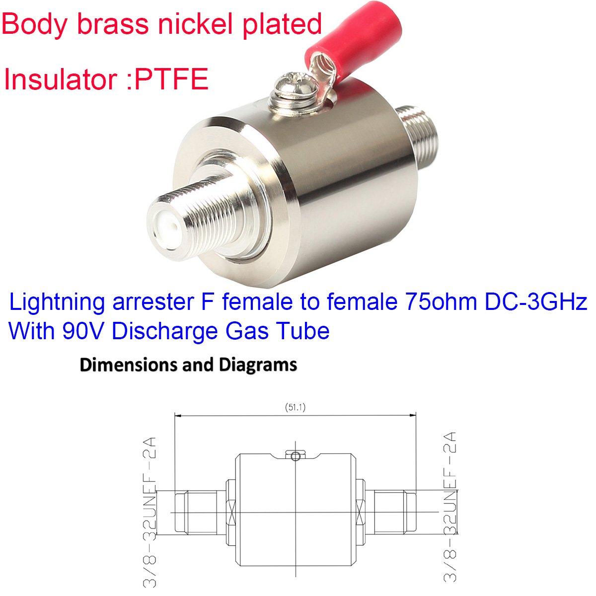 Lightning Surge Protector F Female to F Female DC-3 GHz 75 ohm with 90 V Gas Tube Surge Arrester (Lightning Arrester F Female to Female)