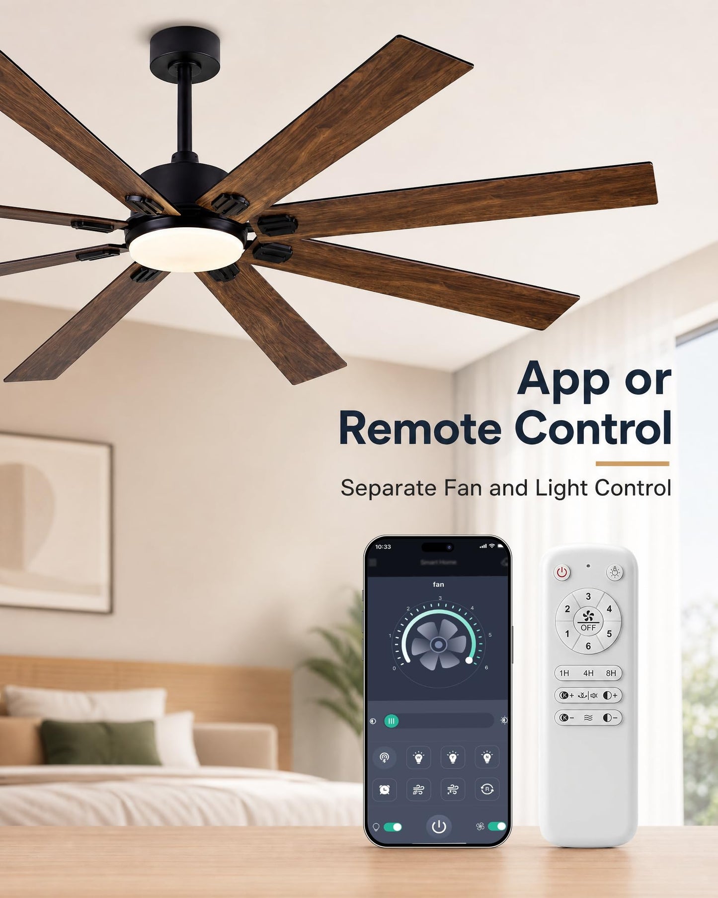 MYLLIUIM Ceiling Fans with Lights, 72 Inch Brown Indoor Fan with Remote and App Control, Dimmable LED Light, 6 Speeds, Reversible Airflow, Low Noise