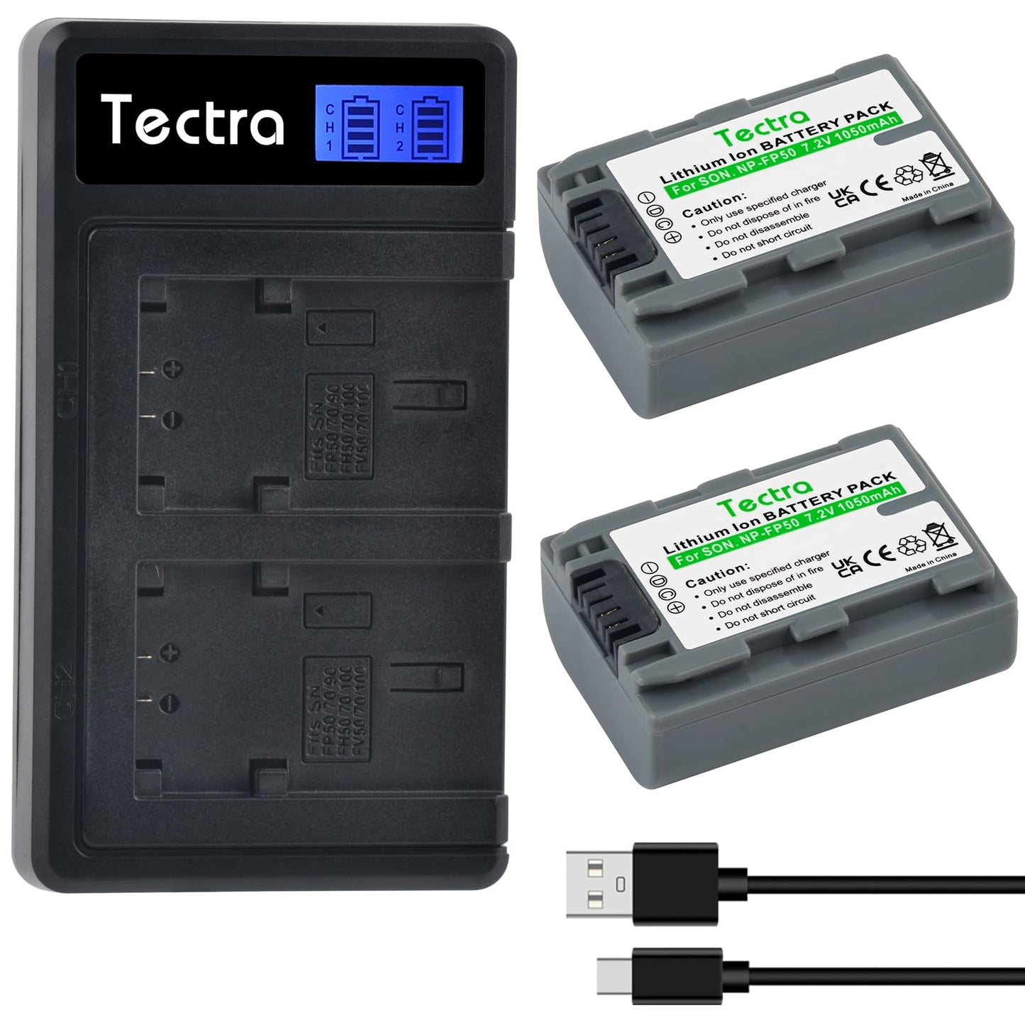 Tectra 2-Pack NP-FP50 Battery + LCD Dual Charger for Sony NP-FP30 NP-FP60 NP-FP70 DCR-DVD103 DCR-DVD105 DCR-DVD203 DCR-DVD205 DCR-DVD305 DCR-DVD92