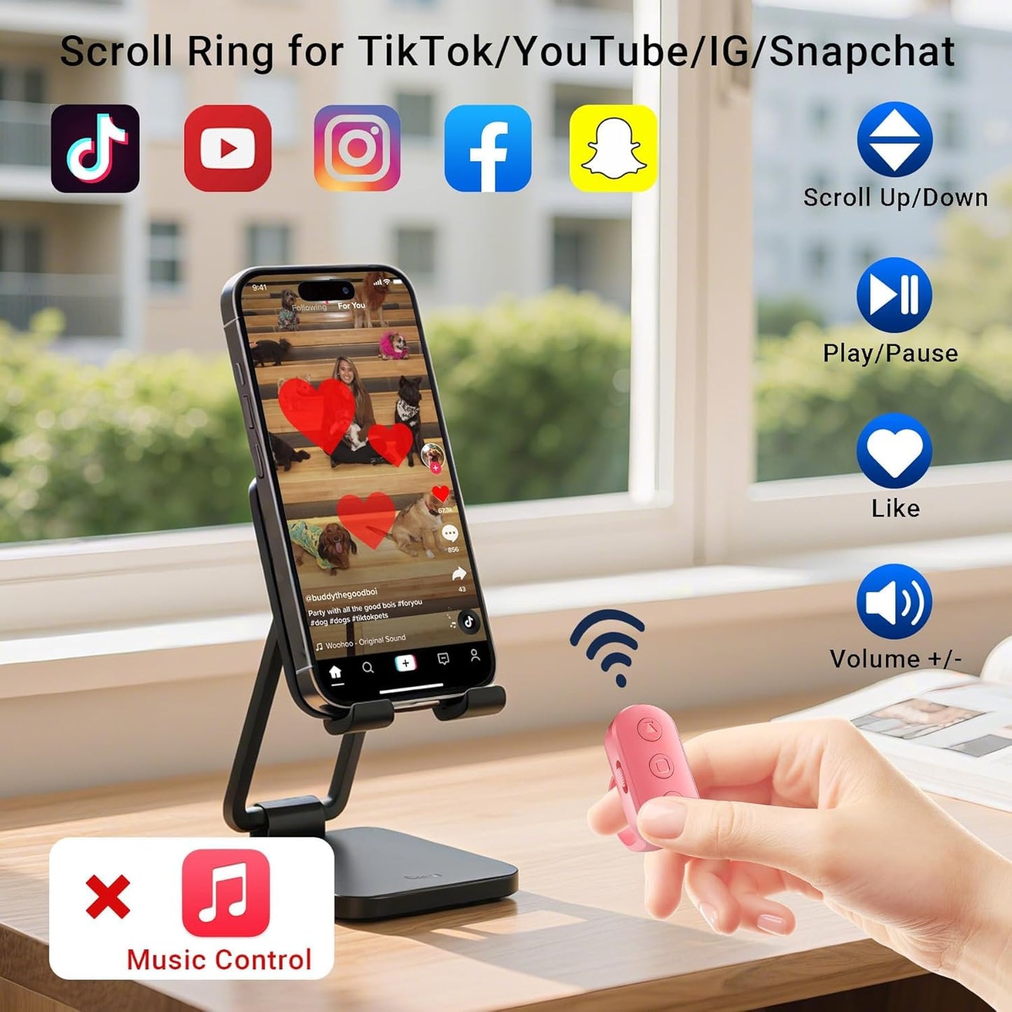 Scrolling Ring Remote for TikTok YouTube IG Shorts Video Landscape Portrait, Fingertip Wireless Scroller Page Turner Clicker for Kindle APP Compatible