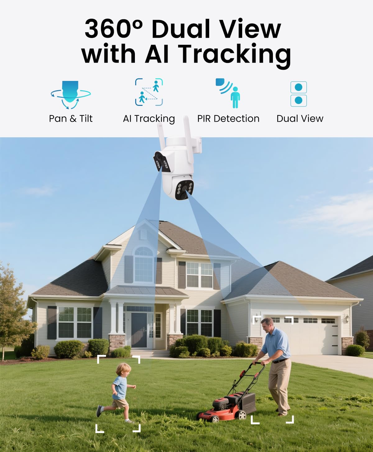 CasaCam SolCam | Solar Security Camera Wireless Outdoor | Home Security, Dual Lens 2K+2K, Auto Tracking, AI Human Detection, Color Night Vision