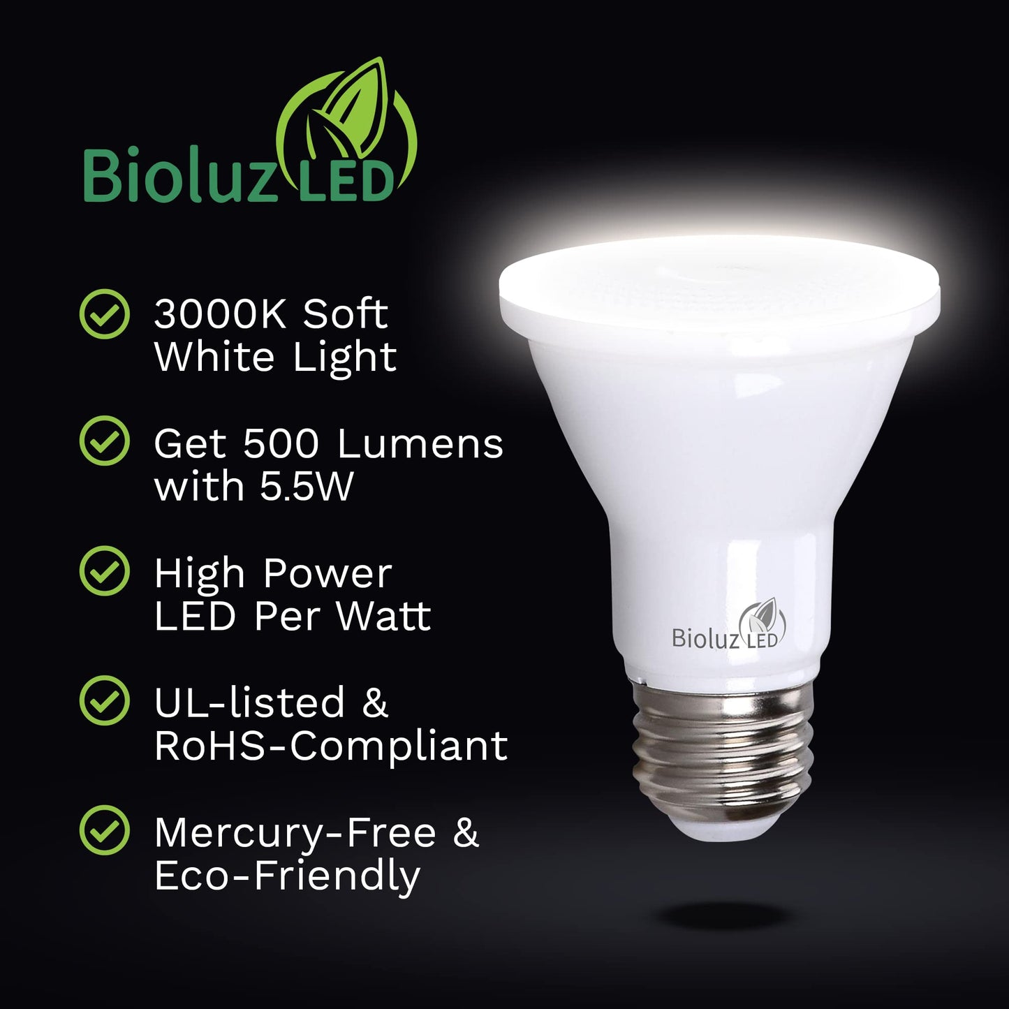 Bioluz LED PAR20 Light Bulbs 10 Pack, Dimmable LED Light Bulb 5.5W = 75W, Soft White 3000K, Daylight LED, E26, 40° Beam, Energy Efficient, UL Listed