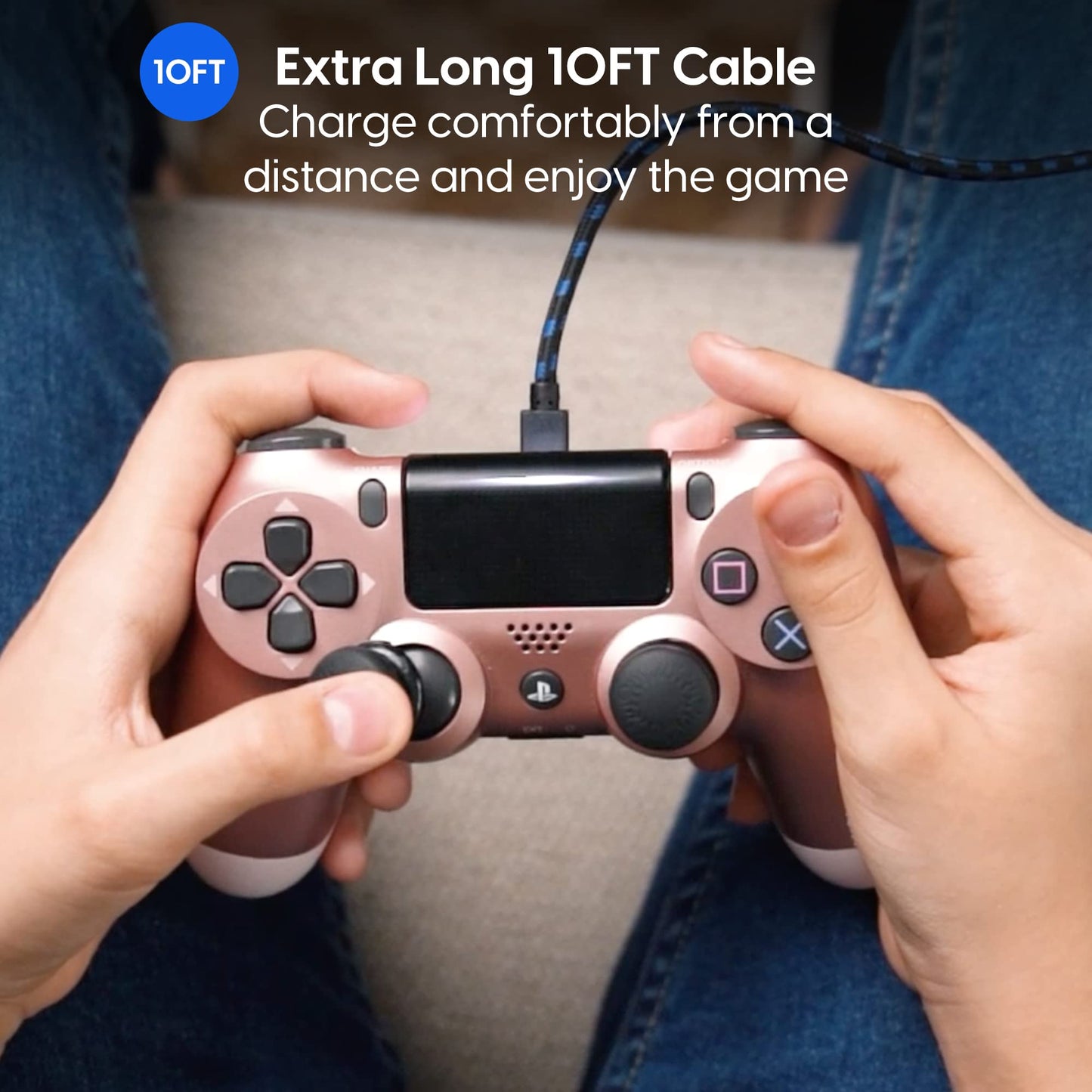 TalkWorks Long Controller Charging Cable for PlayStation 4-10-Foot Long Braided Micro USB Cord Charger Cord for PS4 Controller - Blue-Black, 2 Pack