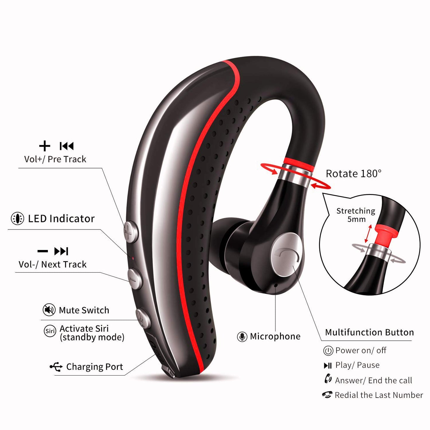 OPINAY Bluetooth Headset,Wireless v5.0 Business Bluetooth Earpiece in Ear Lightweight Sweatproof Earphones with Mic Work for Cell Phones