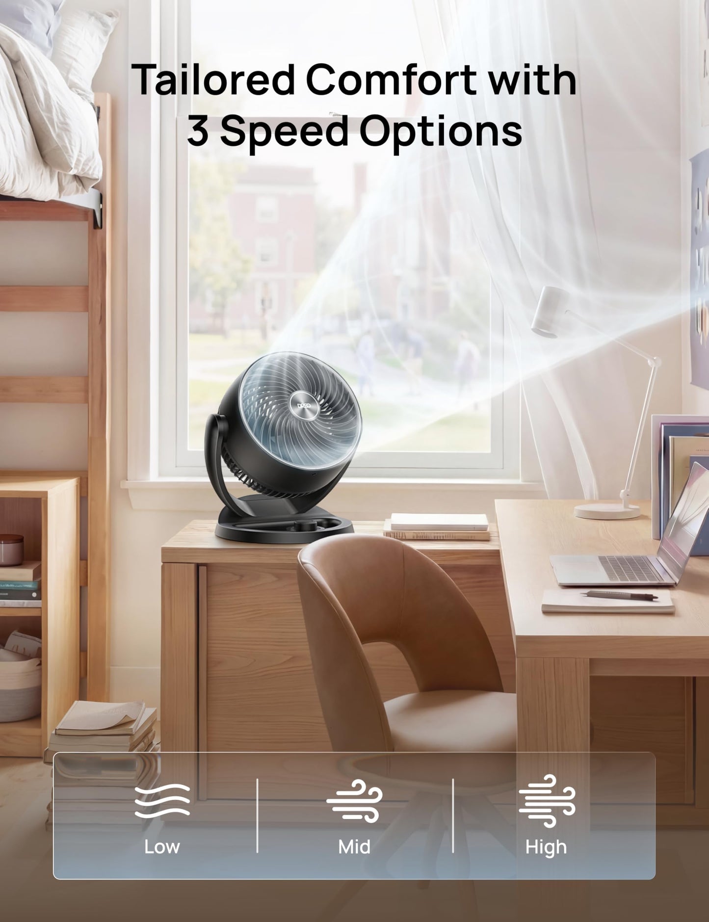 DREO Fan for Bedroom, 12 Inches, 70ft Powerful Airflow, 25db Quiet Table Air Circulator Fans for Whole Room, 120° Adjustable Tilt, 3 Speeds, Desktop