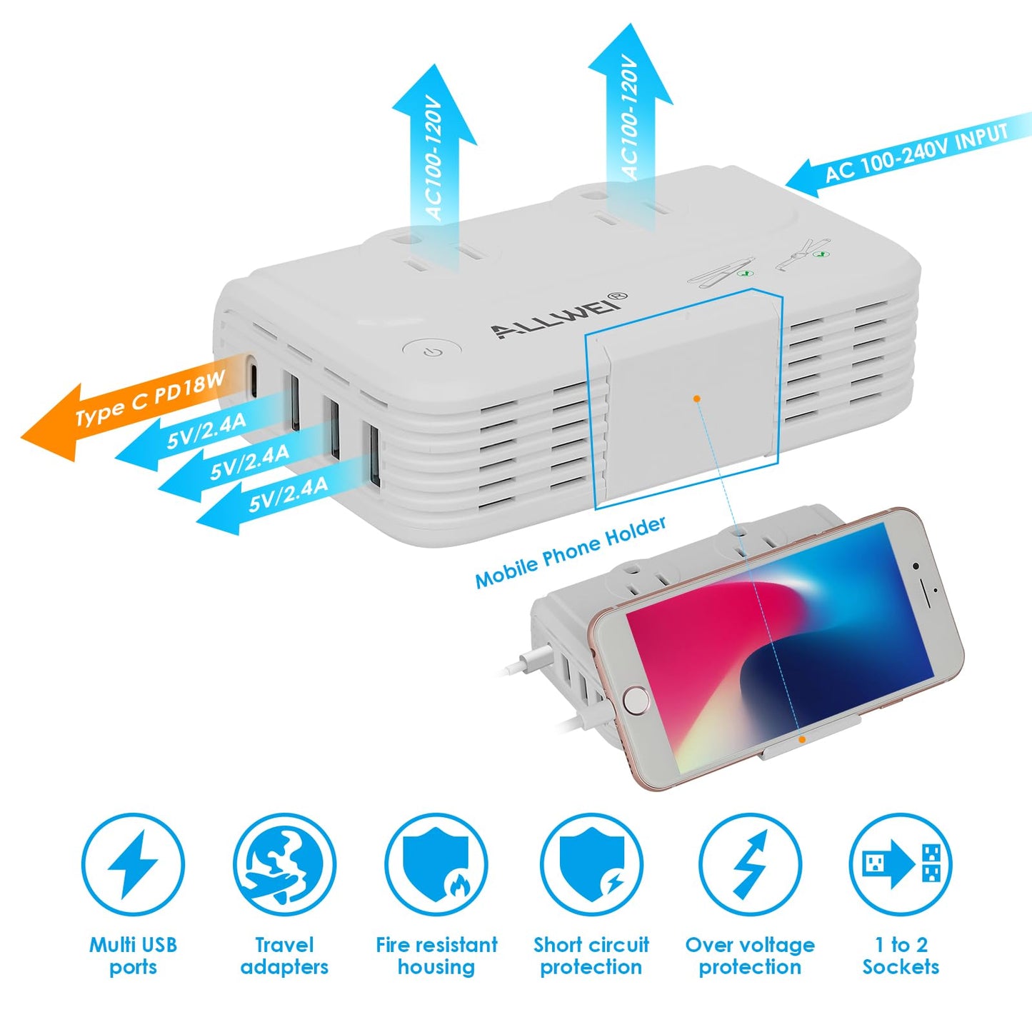 ALLWEI International Travel Adapter 220V to 110V Power Voltage Converter for Hair Straightener/Curling Iron, Universal Power Plug Adapter UK, US, AU…