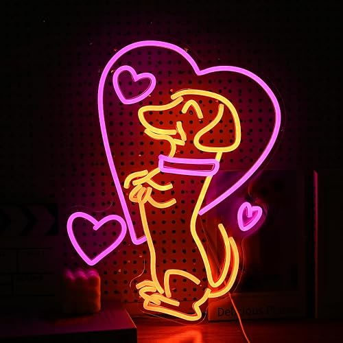 LIUOZHTEA Love Dog Neon Sign USB Powered Pink Love Neon Light for Wall Decor Dimmable LED Cute Puppy Light Up Sign for Pet Shop Bedroom Animal Party
