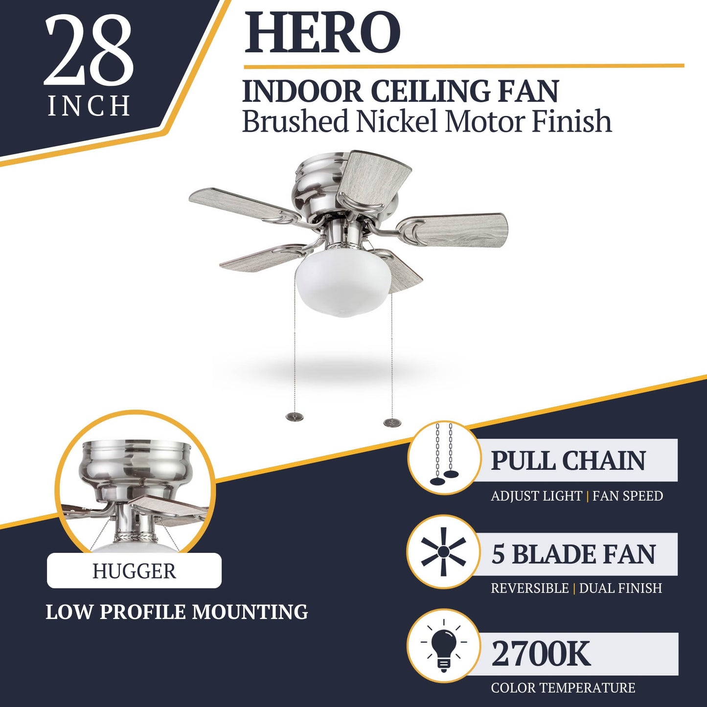 Prominence Home Hero 28 Inch Traditional Flush Mount LED Ceiling Fan with Light, Pull Chain Control, 5 Dual Finish Blades, Brushed Nickel