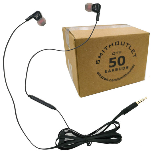 SmithOutlet Bulk Earbuds 50-Pack with Microphone for Classrooms, Schools - 3.5 MM Jack - Inline Volume Control - SG-EB3-50 Black - Individually…