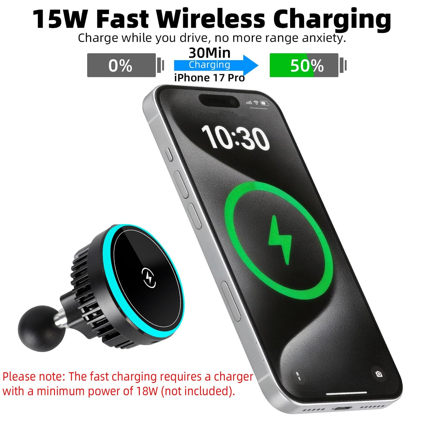 FPN 1" Ball Magnetic Wireless Charging Phone Holder with 5.9" Long Arm for MagSafe iPhone 17/16/15/14/13/12 Series - 15W Fast Charging, TEC and Fan