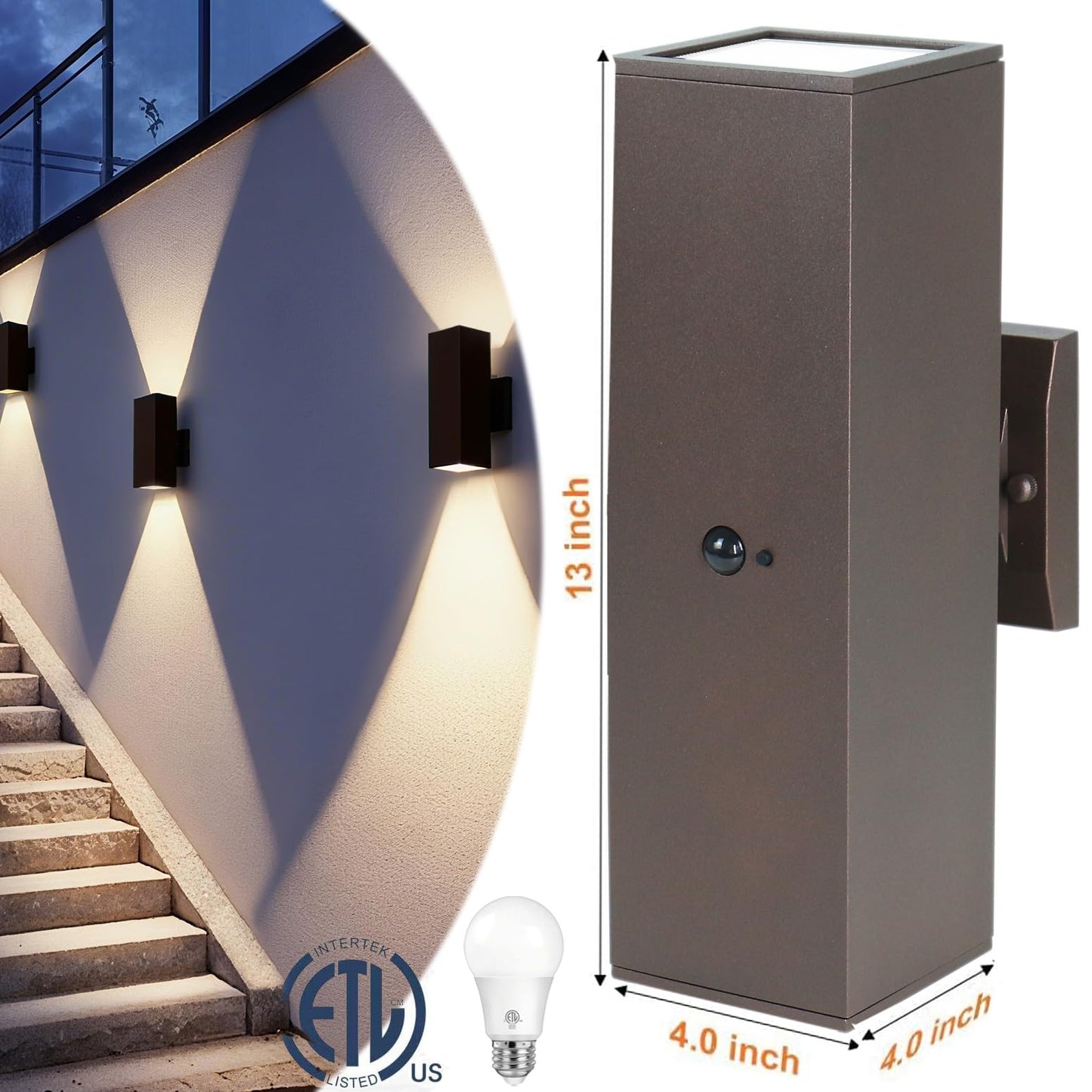 Motion Sensor Outdoor Wall Lights 2-Pack, Dusk to Dawn Exterior Light Fixtures with 3 Lighting Modes, 13'' Up Down Porch Lights with 15W LED Bulbs