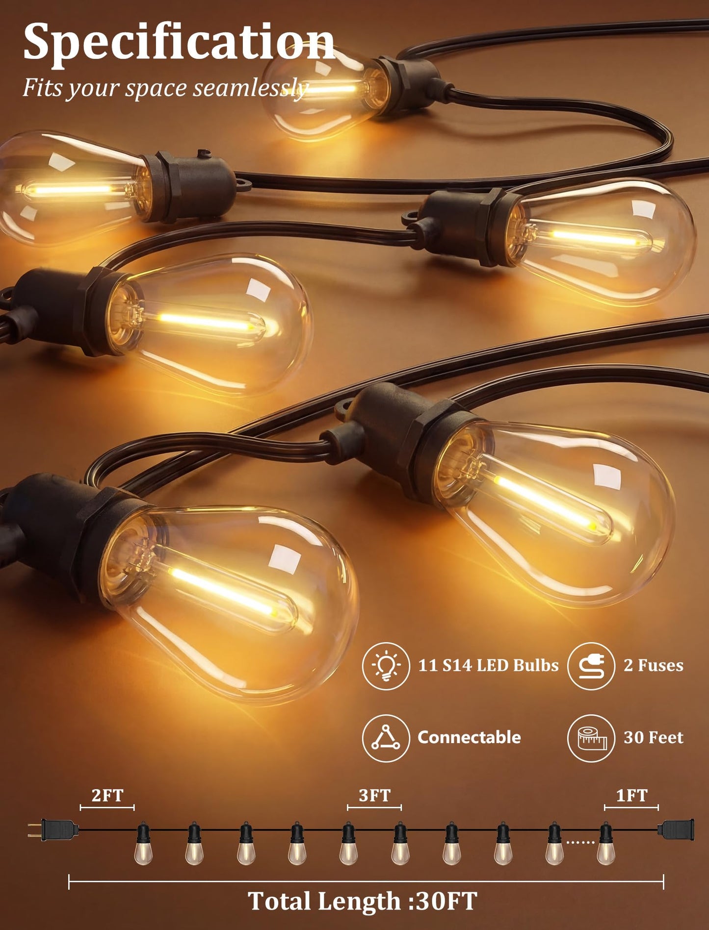 Bokoiuu S14 Outdoor String Lights 30FT, Waterproof Patio Lights with 11 Shatterproof LED Bulbs (1 Spare), UL Certified Commercial Grade Black Wire