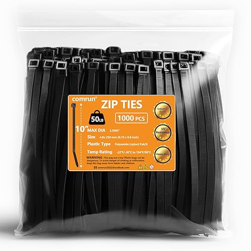COMRUN 1000pcs 10Inch Nylon Zip Ties, 50 Pounds Tensile Strength, Black Cable Tie,Industrial Grade,UV Resistant,Heavy Duty,for Home,Garden