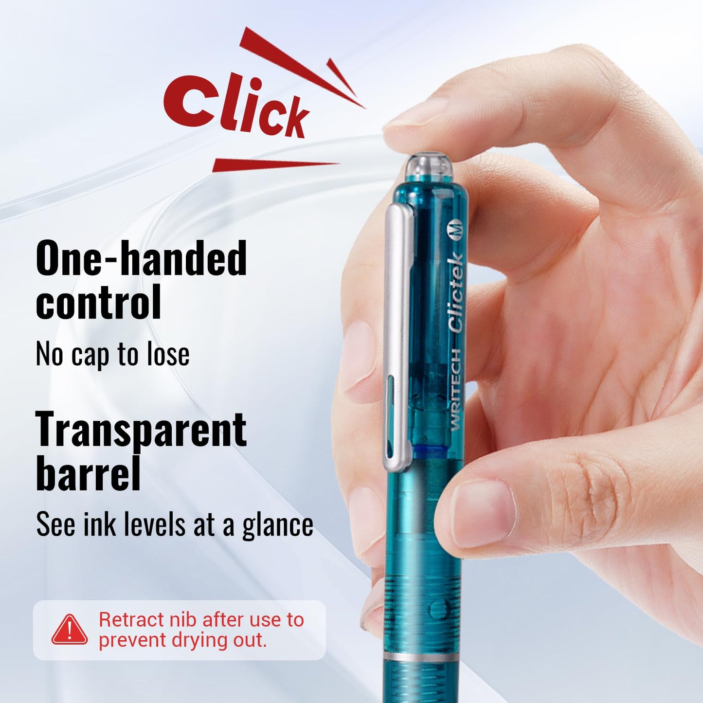 WRITECH Clictek Fountain Pen Set: Retractable Style Blue Ink Medium Nib Transparent Barrel, Includes 5 Ink Cartridges for Gift Set, Smooth Writing No
