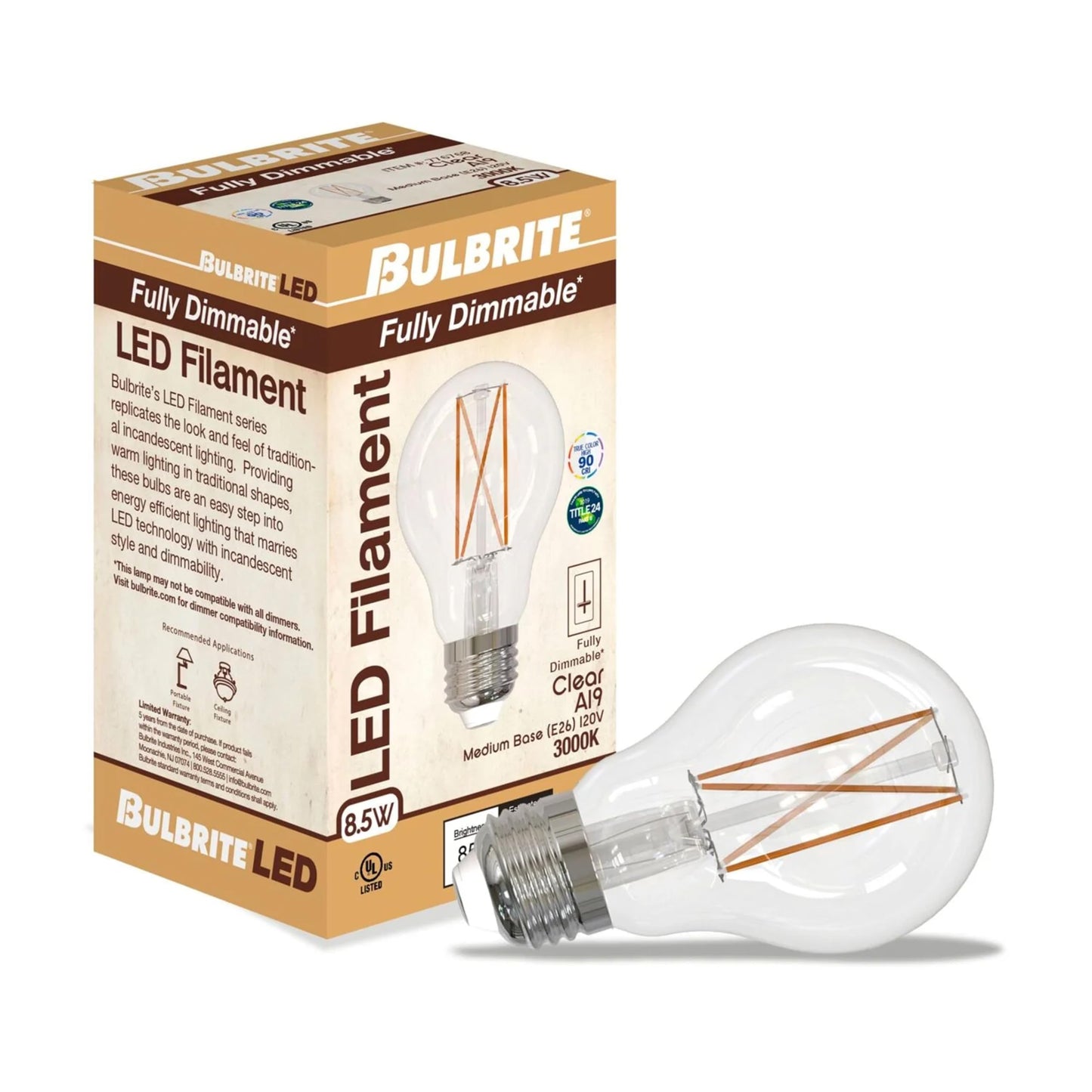 Bulbrite 776768 8.5W LED A19 Light Bulb, 3000K Filament Fully Compatible Dimming JA8, Filaments Supports Title 24 Part 6 JA8, E26 - Medium Base (4