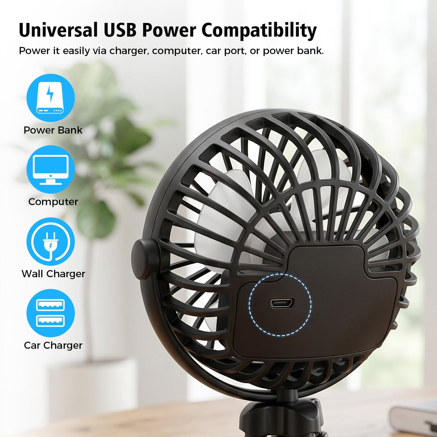 GTPLAYER Pet Stroller Fan, Portable Rechargeable Clip-On Fan with LED Light, Quiet 3-Speed Cooling Fan for Dogs & Cats, Black