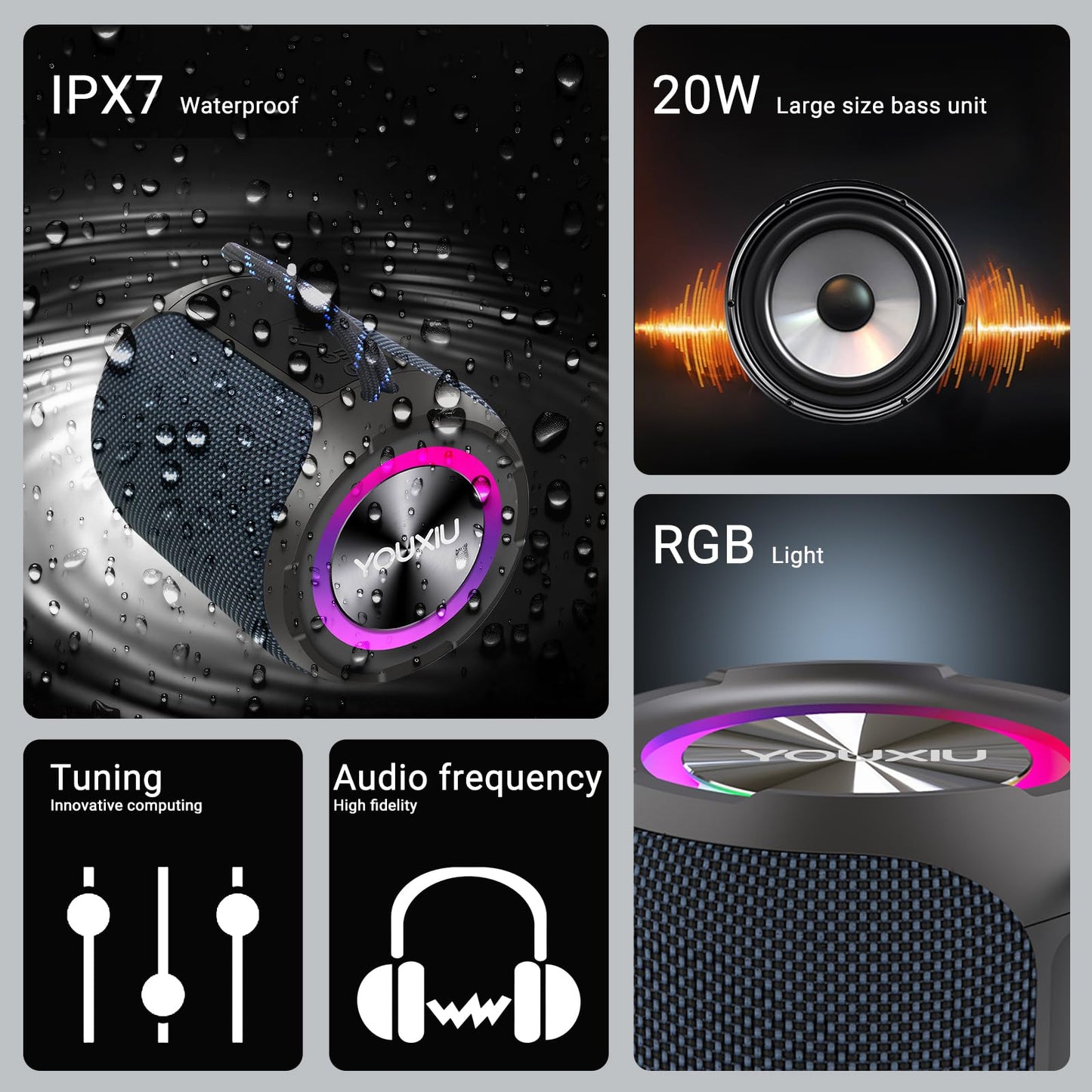 YOUXIU 40W Portable Bluetooth Speaker with Lights IPX7 Waterproof Wireless Speaker TF Double Pairing 24H Playtime,360 Degree Stereo Subwoofer Support