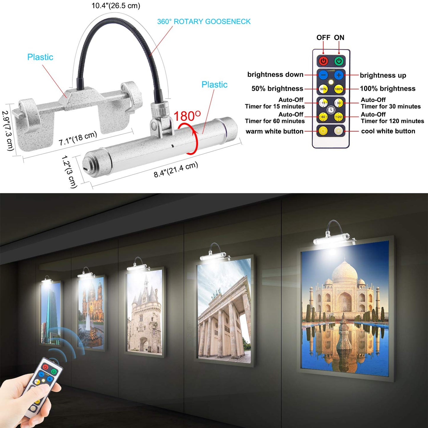 BIGMONAT USB Rechargeable Picture Light Wireless Led Art Light with Remote Control,Rotatable Painting Light Head of 3 Lighting Modes Dimmable Display