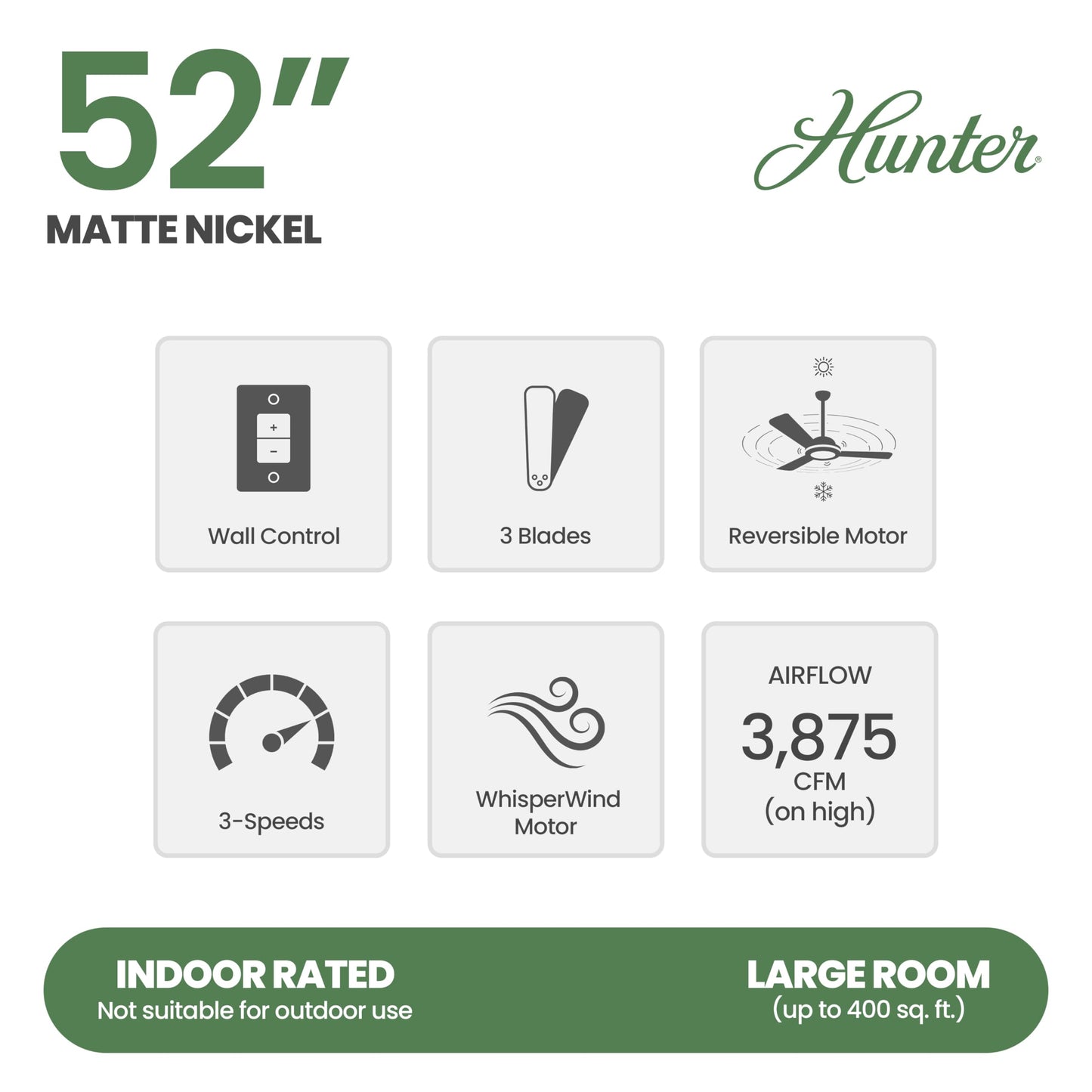 Hunter Fan 52 inch Casual Matte Nickel Indoor Ceiling Fan with 3 Blades, Holiday Gift for Bedroom, Living Room/Family Room, Dining Room, Kitchen