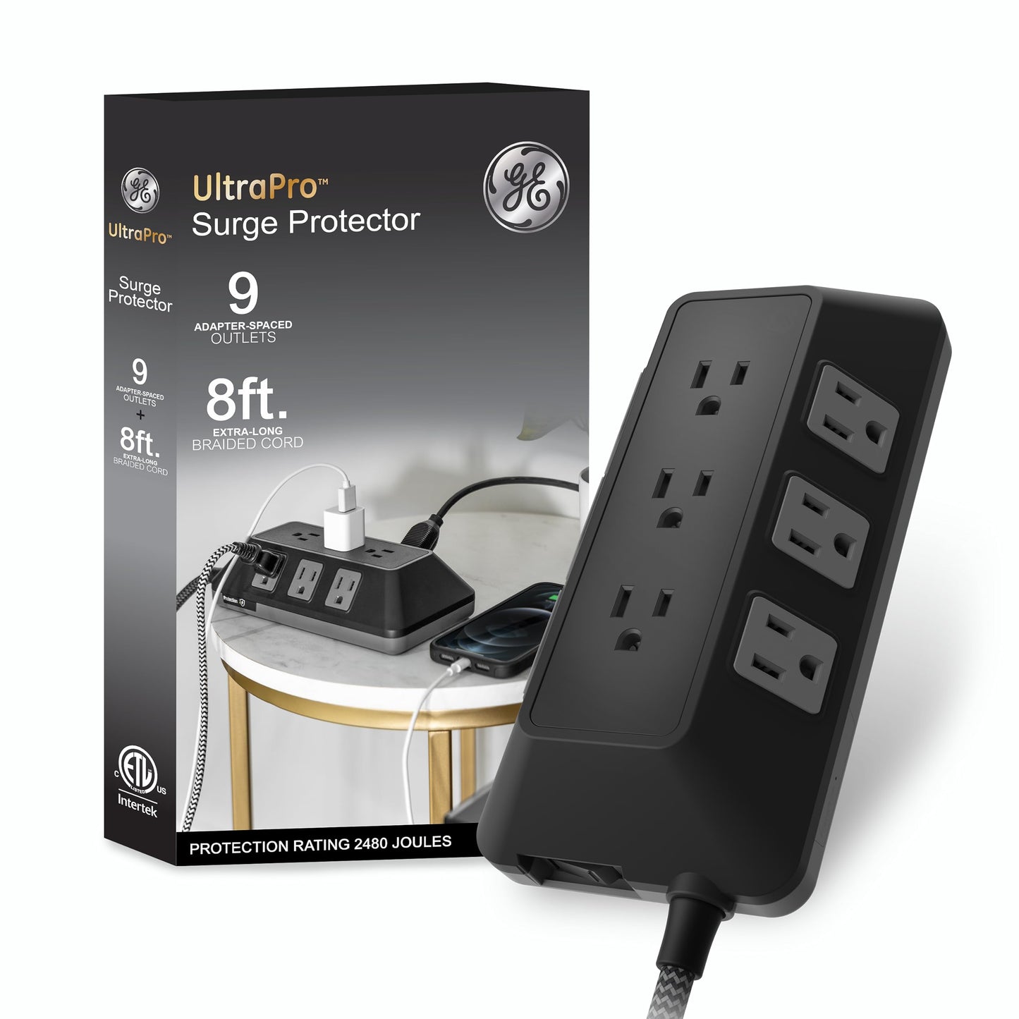 GE UltraPro 9-Outlet Surge Protector, 8', Black