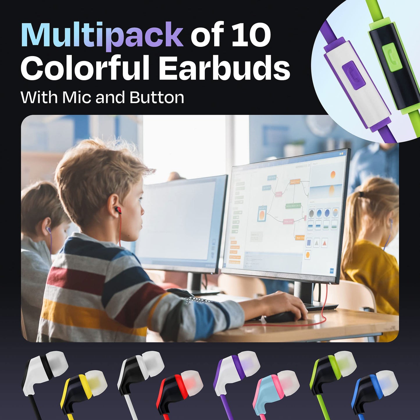 JustJamz 10 Pack Wired Earbuds with Microphone, Bulk Earphones for Classroom, Office, or Travel, Noise Isolating Headphones with Clear Sound Quality…