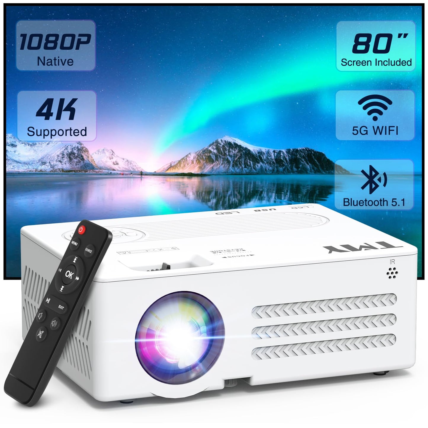 TMY Projector with WiFi and Bluetooth?80" screen included?Native 1080P Outdoor Projector, 4K Supported Portable Projector, Compatible