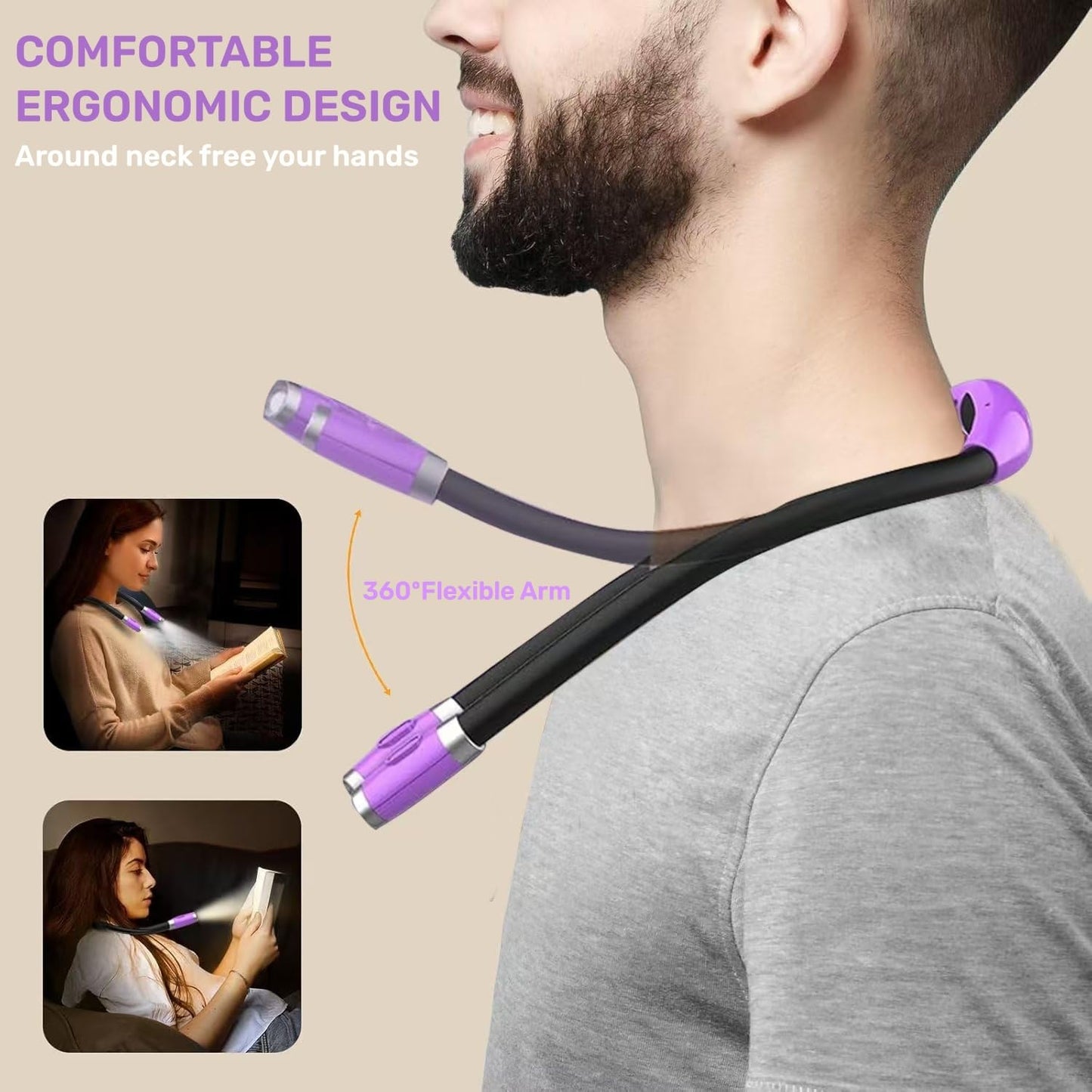Betensh LED Reading Light, Rechargeable 4 LED Neck Book Light, Flexible Neck Lamp for Reading in Bed or Car with Adjustable Brightness, Ideal