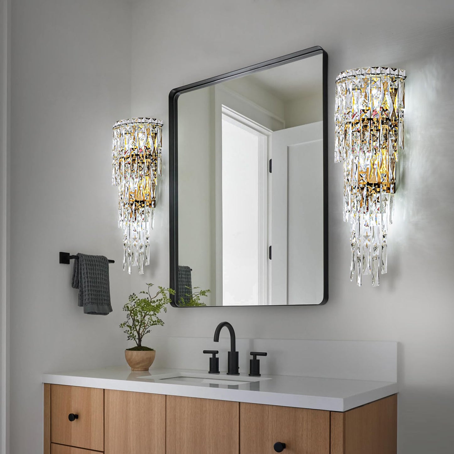 Fang Yan Mei Modern K9 Crystal Wall Sconce, Gold Finish Wall Light Fixture, Acrylic Crystal Drops Wall Lamp Bedside Light 3 Tiers Crystal Wall Lamp